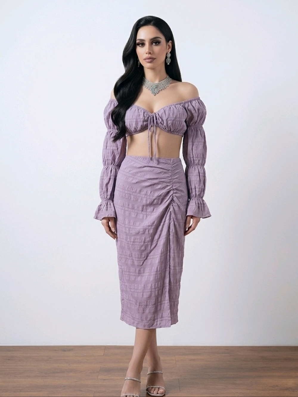 NWT SHEIN SXY Purple Midi Wrap Skirt & Top Set- Ruched Cocktail ~Large